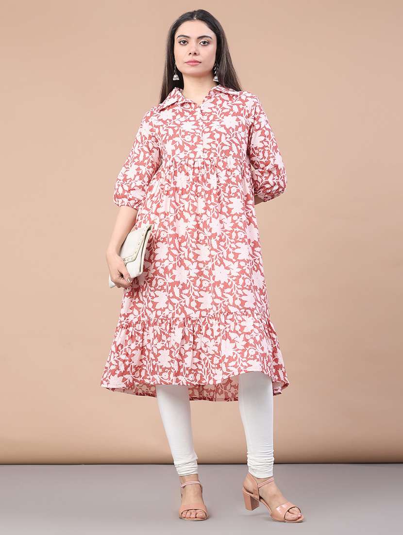women floral three quarter sleeve tiered kurta - 22071791 -  Standard Image - 1