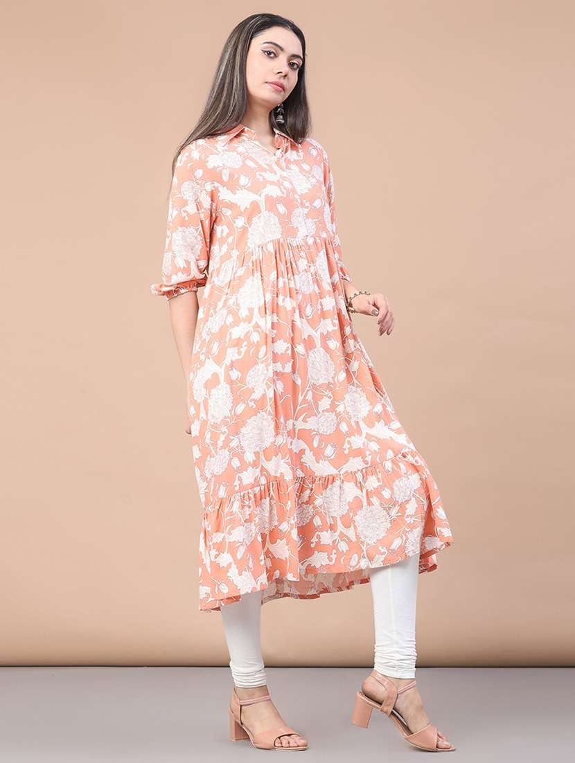 women floral three quarter sleeve tiered kurta - 22071792 -  Standard Image - 1