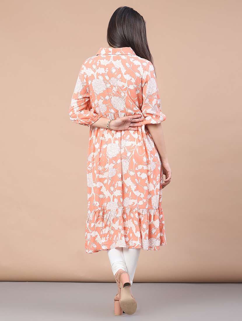 women floral three quarter sleeve tiered kurta - 22071792 -  Standard Image - 4