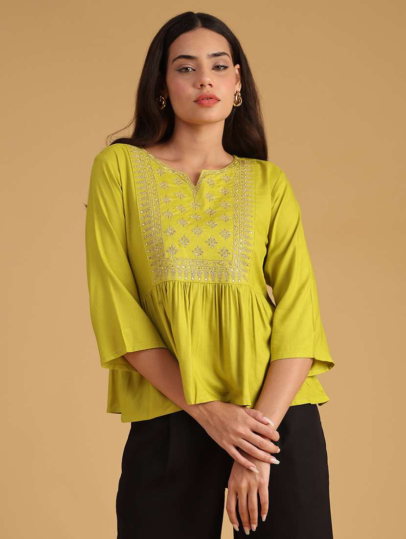 women embroidered puff sleeve flared kurti - 22071807 -  Standard Image - 1