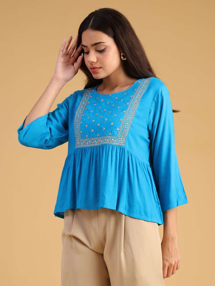 women embroidered puff sleeve flared kurti - 22071808 -  Standard Image - 1