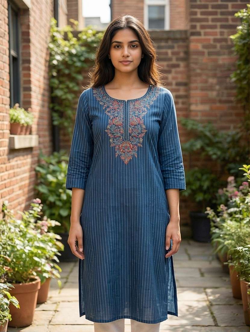 women striped three quarter sleeve straight kurta - 22071817 -  Standard Image - 1