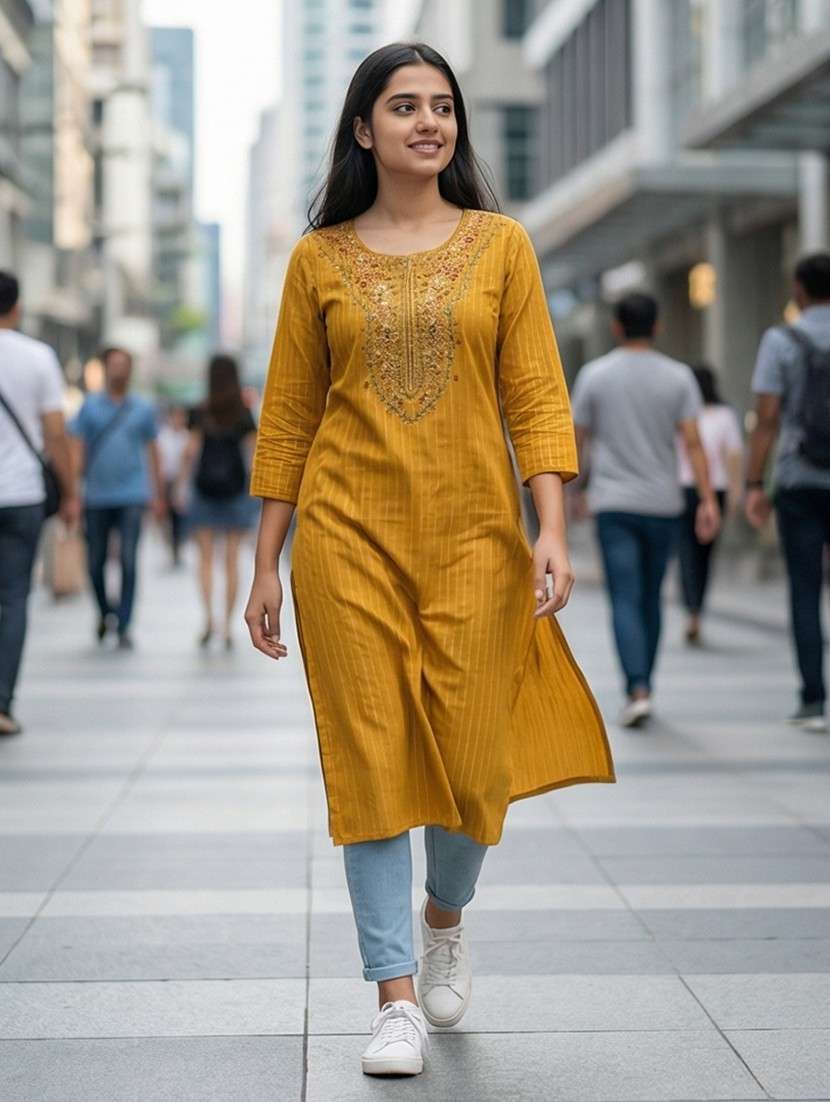 women striped three quarter sleeve straight kurta