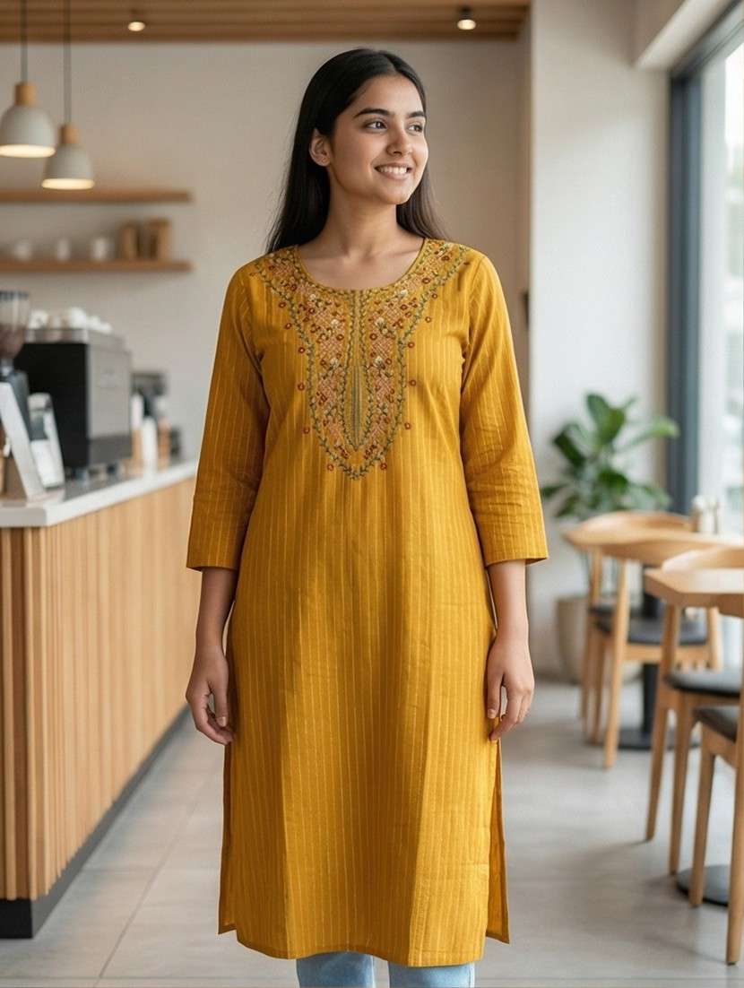 women striped three quarter sleeve straight kurta - 22071819 -  Standard Image - 1