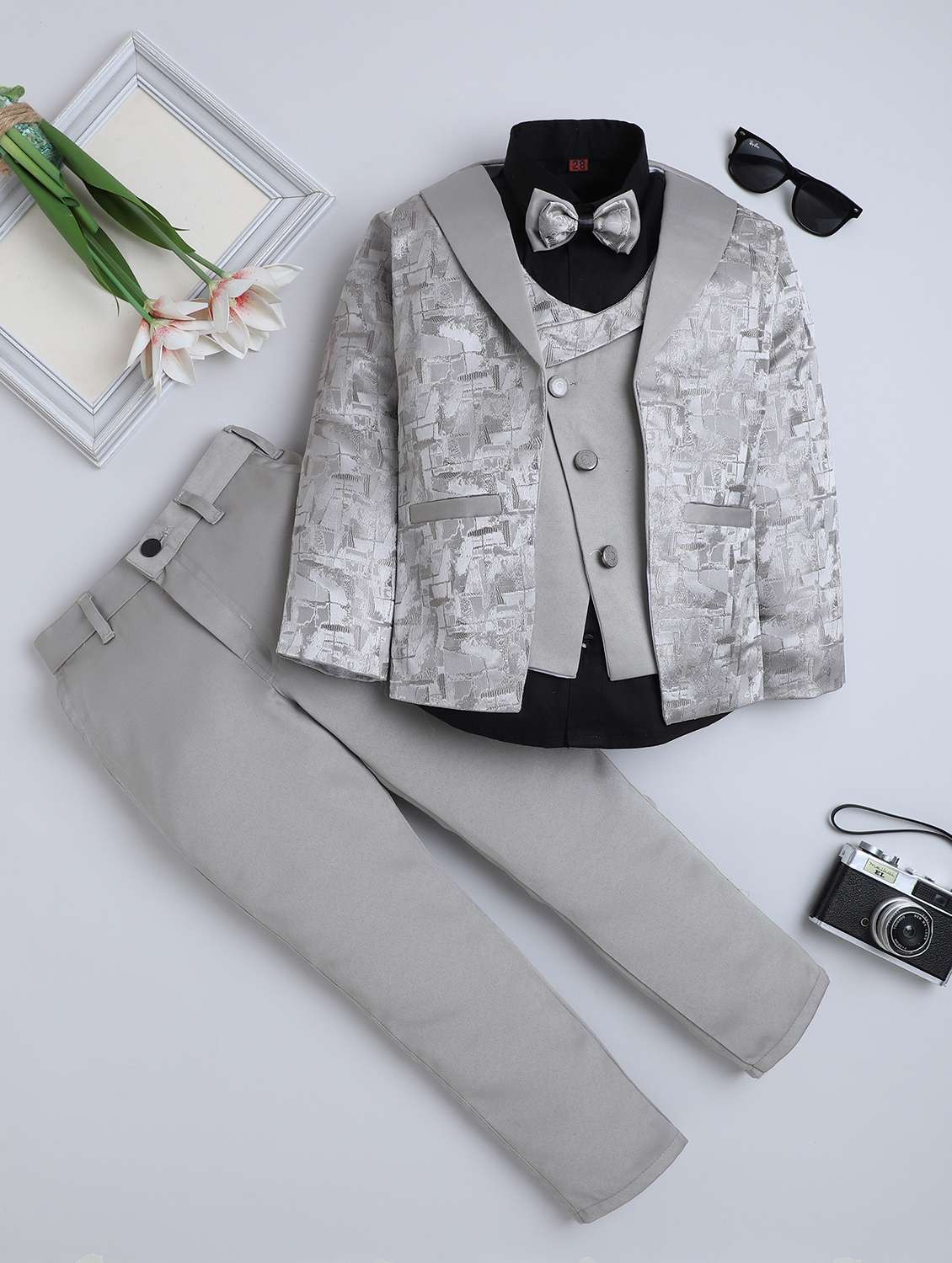 boys self designed blazer and trouser with shirt set