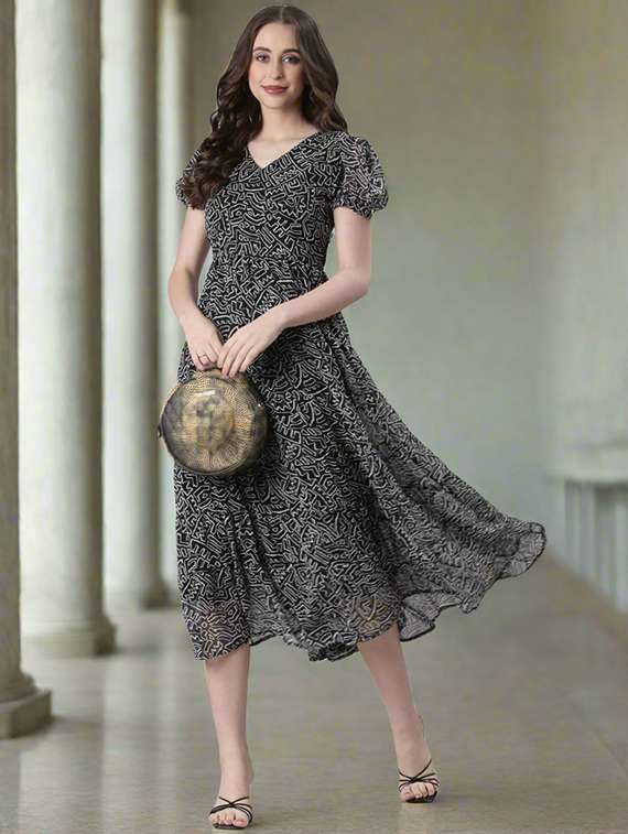 women printed flared sleeve tiered dress - 22072050 - Standard Image - 1