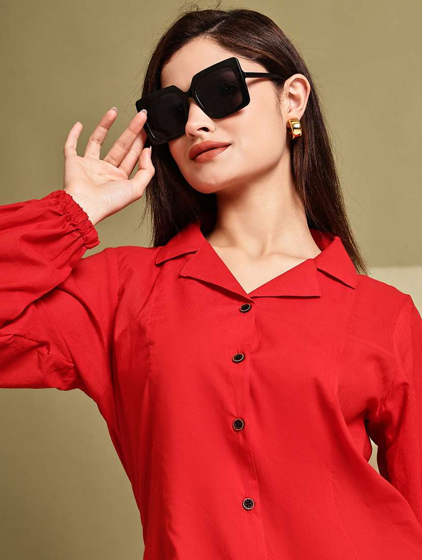 women solid lapel neck puff sleeve long shirt
