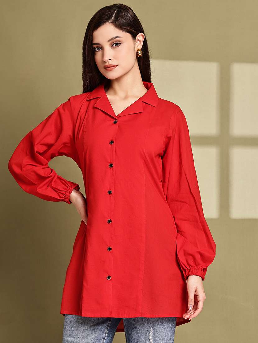 women solid lapel neck puff sleeve long shirt - 22072051 - Standard Image - 1