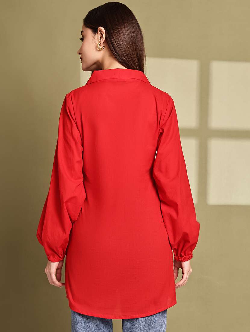 women solid lapel neck puff sleeve long shirt - 22072051 - Standard Image - 4