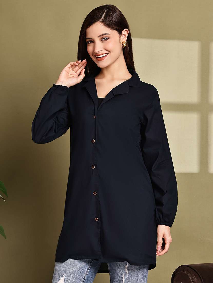 women solid lapel neck puff sleeve long shirt - 22072052 -  Standard Image - 1