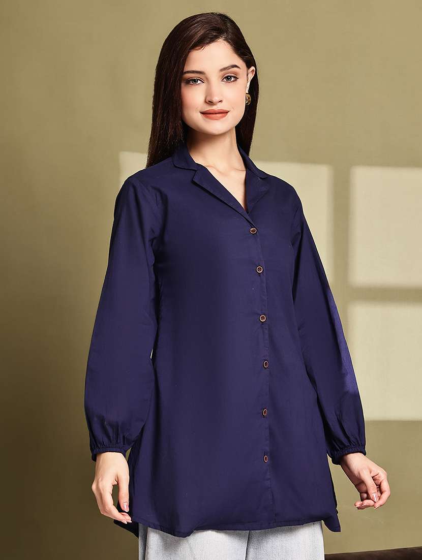 women solid lapel neck puff sleeve long shirt - 22072053 -  Standard Image - 1