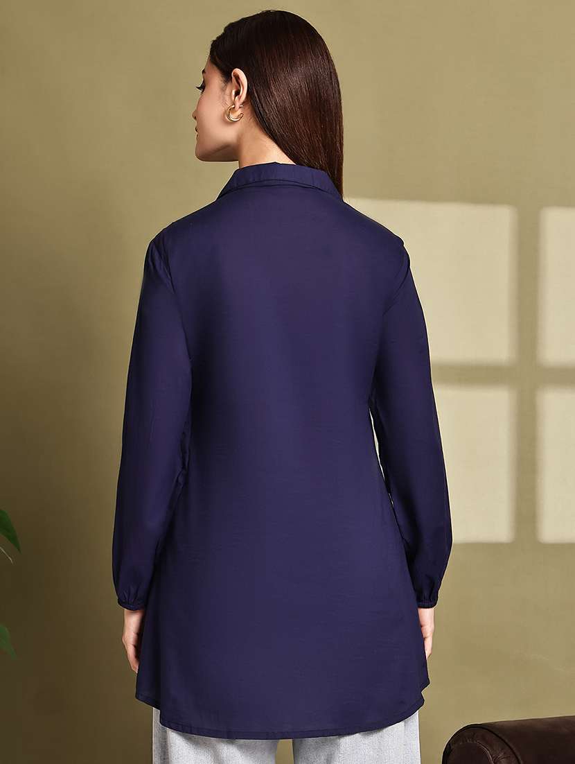 women solid lapel neck puff sleeve long shirt - 22072053 - Standard Image - 4