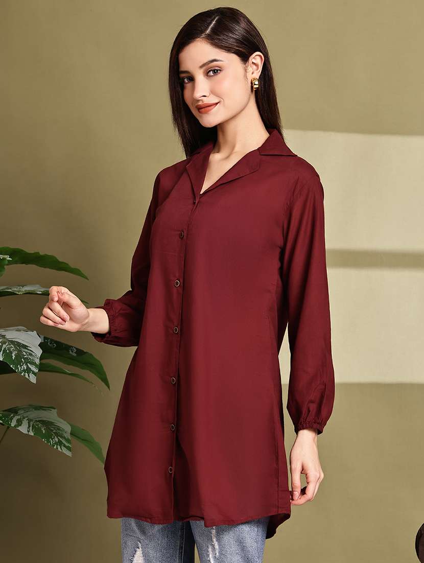 women solid lapel neck puff sleeve long shirt - 22072054 - Standard Image - 1