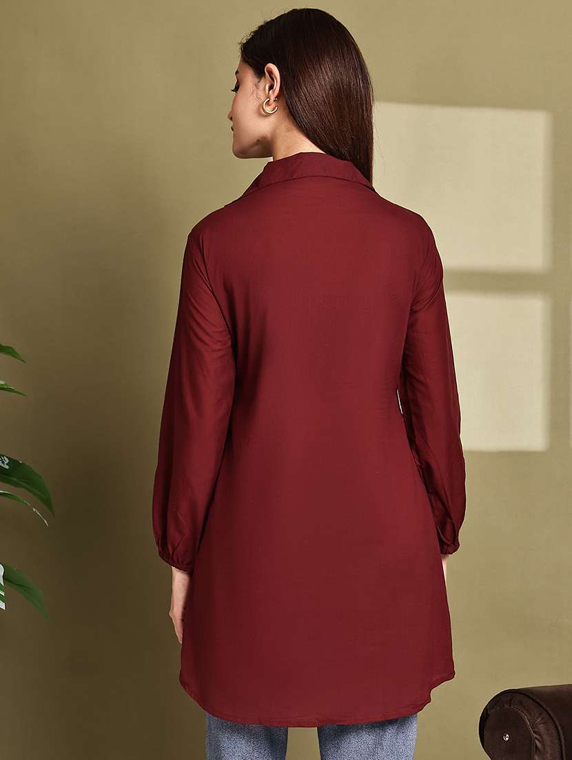women solid lapel neck puff sleeve long shirt - 22072054 - Standard Image - 4
