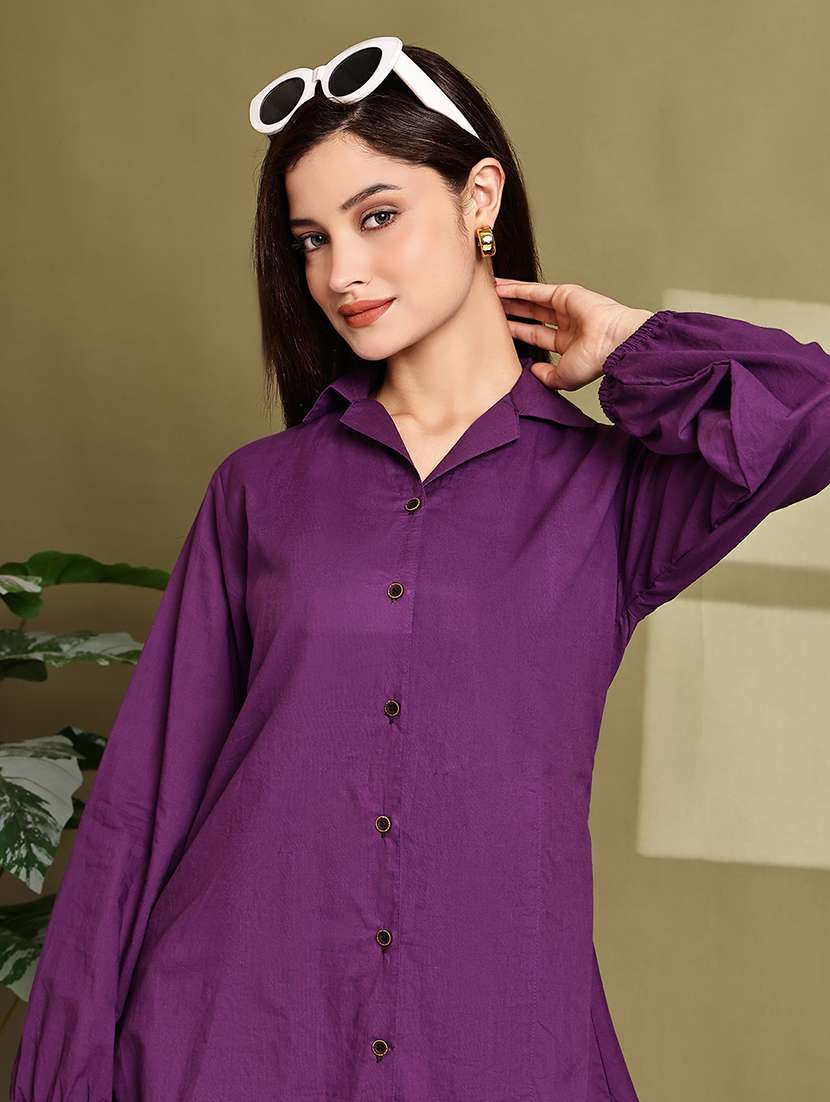 women solid lapel neck puff sleeve long shirt