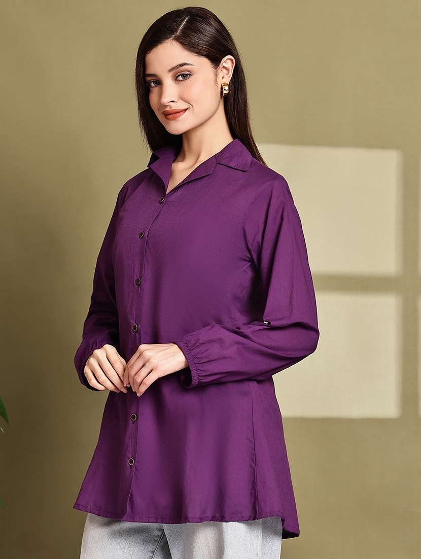 women solid lapel neck puff sleeve long shirt - 22072055 - Standard Image - 1