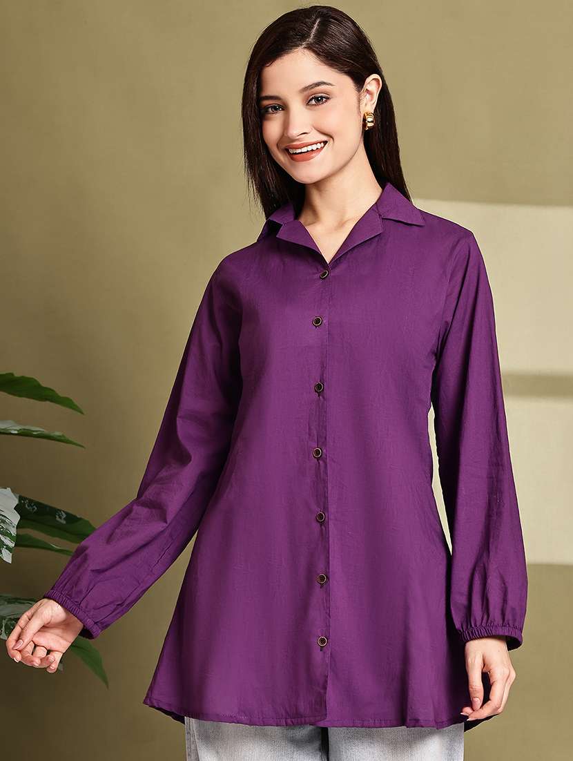 women solid lapel neck puff sleeve long shirt - 22072055 - Standard Image - 4