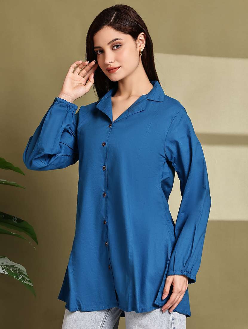 women solid lapel neck puff sleeve long shirt - 22072056 - Standard Image - 1