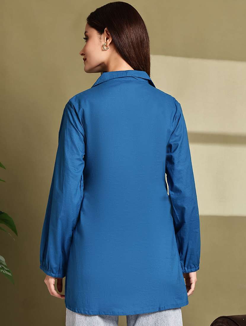 women solid lapel neck puff sleeve long shirt - 22072056 - Standard Image - 4