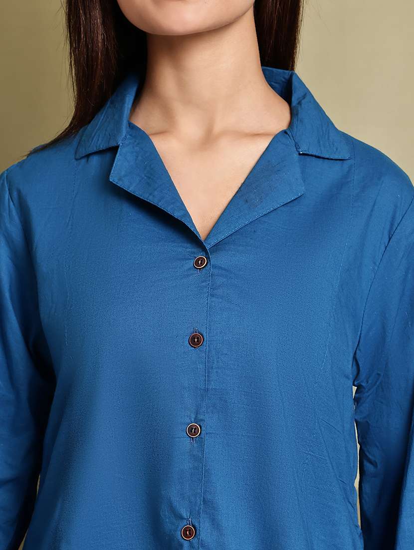 women solid lapel neck puff sleeve long shirt - 22072056 - Standard Image - 6