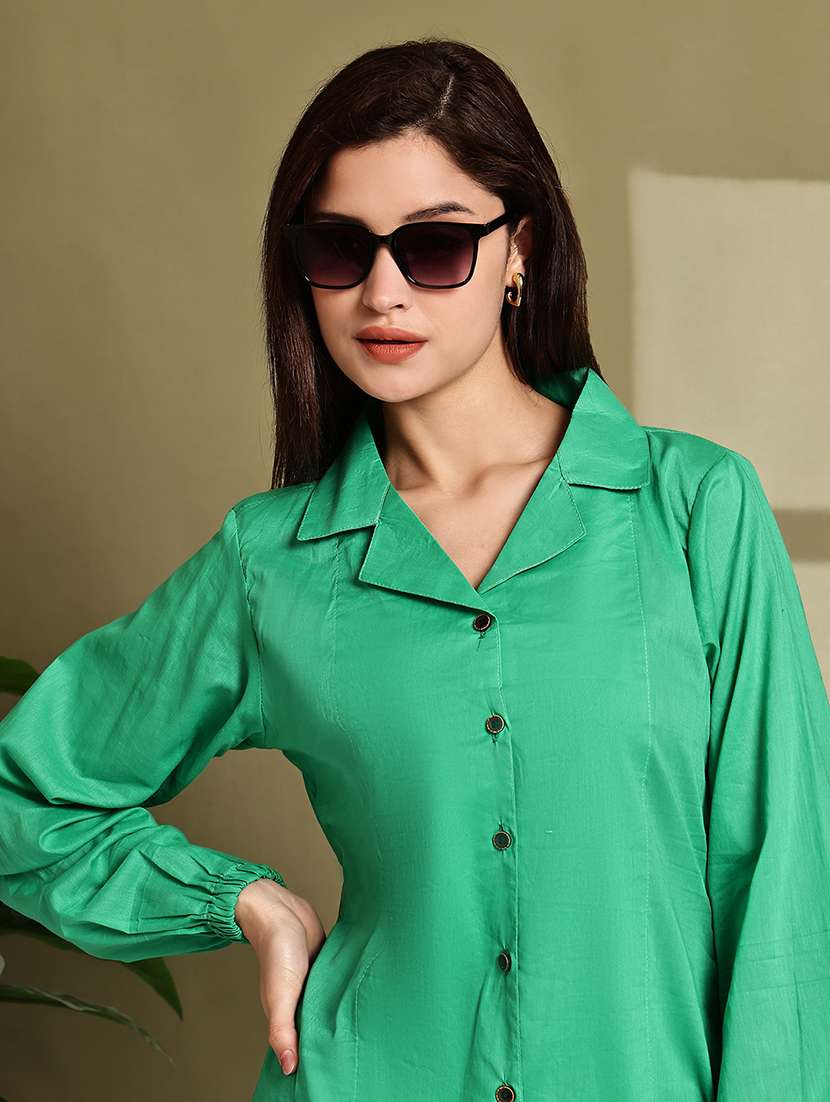 women solid lapel neck puff sleeve long shirt
