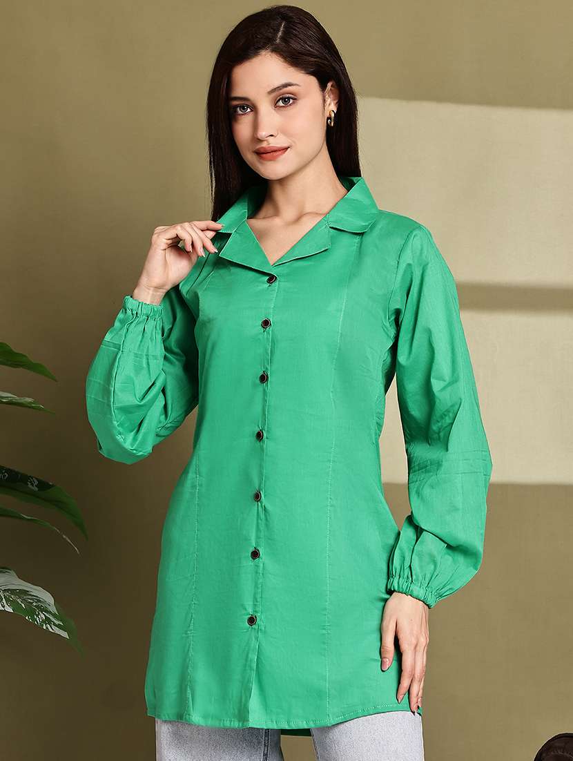 women solid lapel neck puff sleeve long shirt - 22072057 - Standard Image - 1