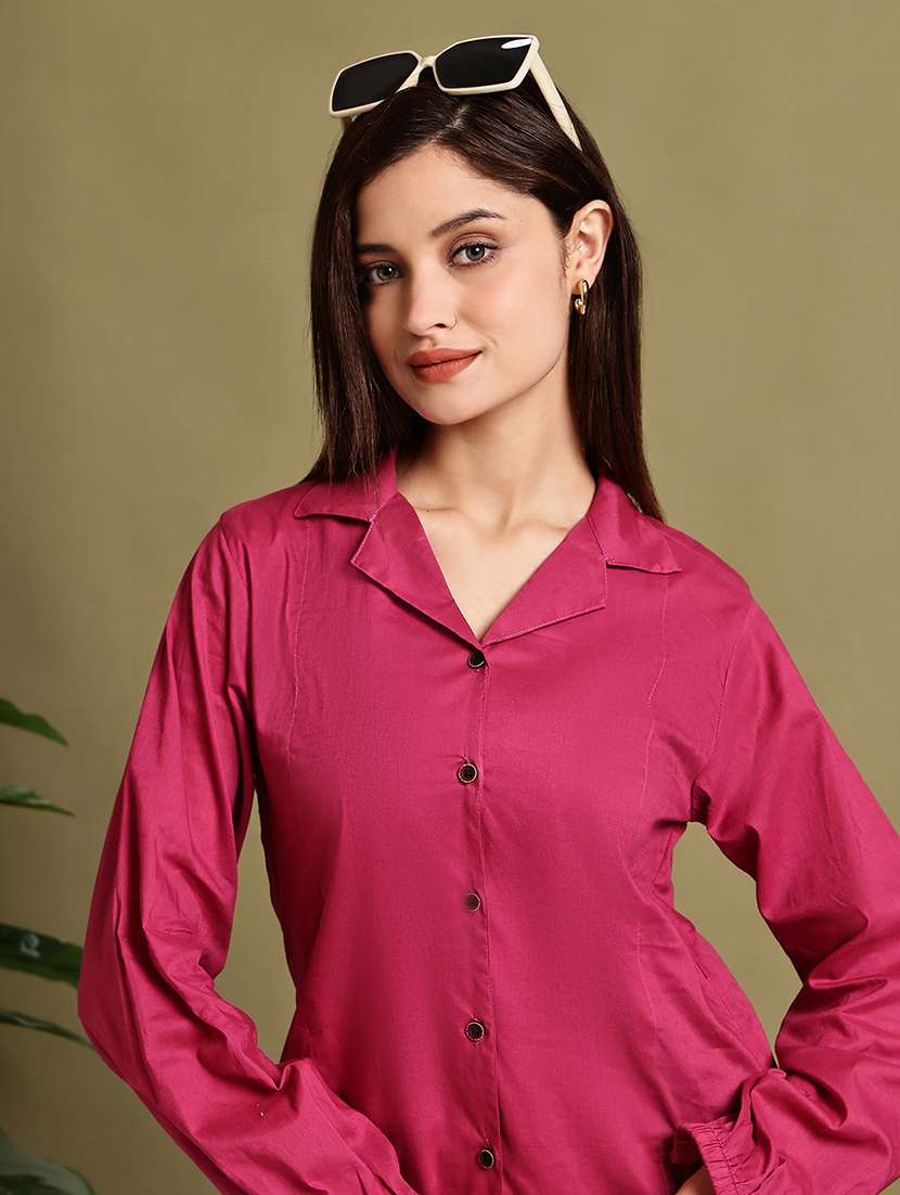 women solid lapel neck puff sleeve long shirt