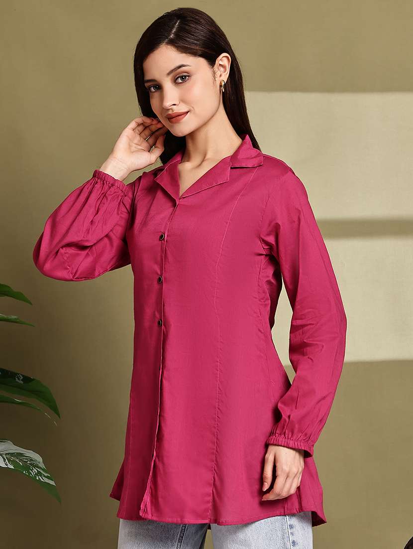 women solid lapel neck puff sleeve long shirt - 22072058 - Standard Image - 1