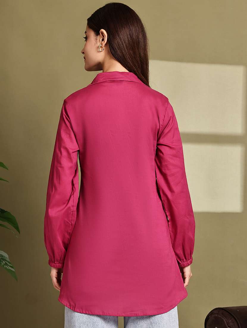 women solid lapel neck puff sleeve long shirt - 22072058 - Standard Image - 4