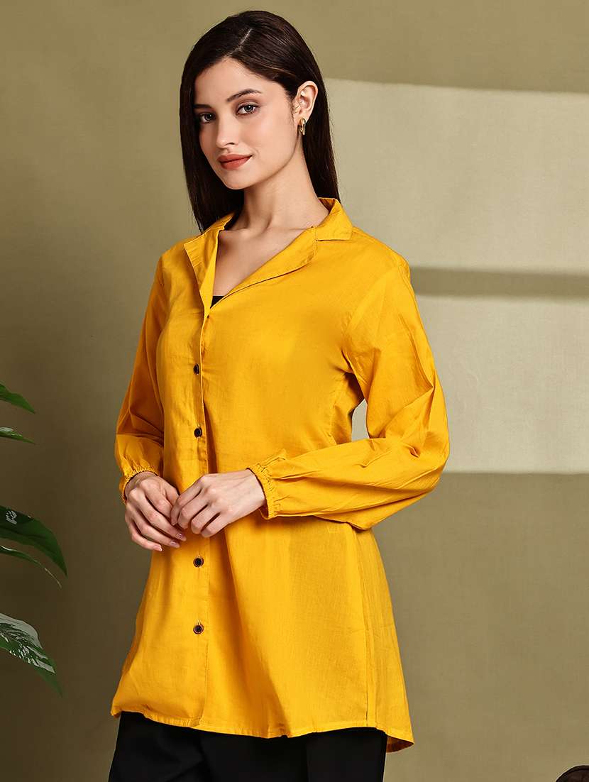 women solid lapel neck puff sleeve long shirt - 22072059 -  Standard Image - 1