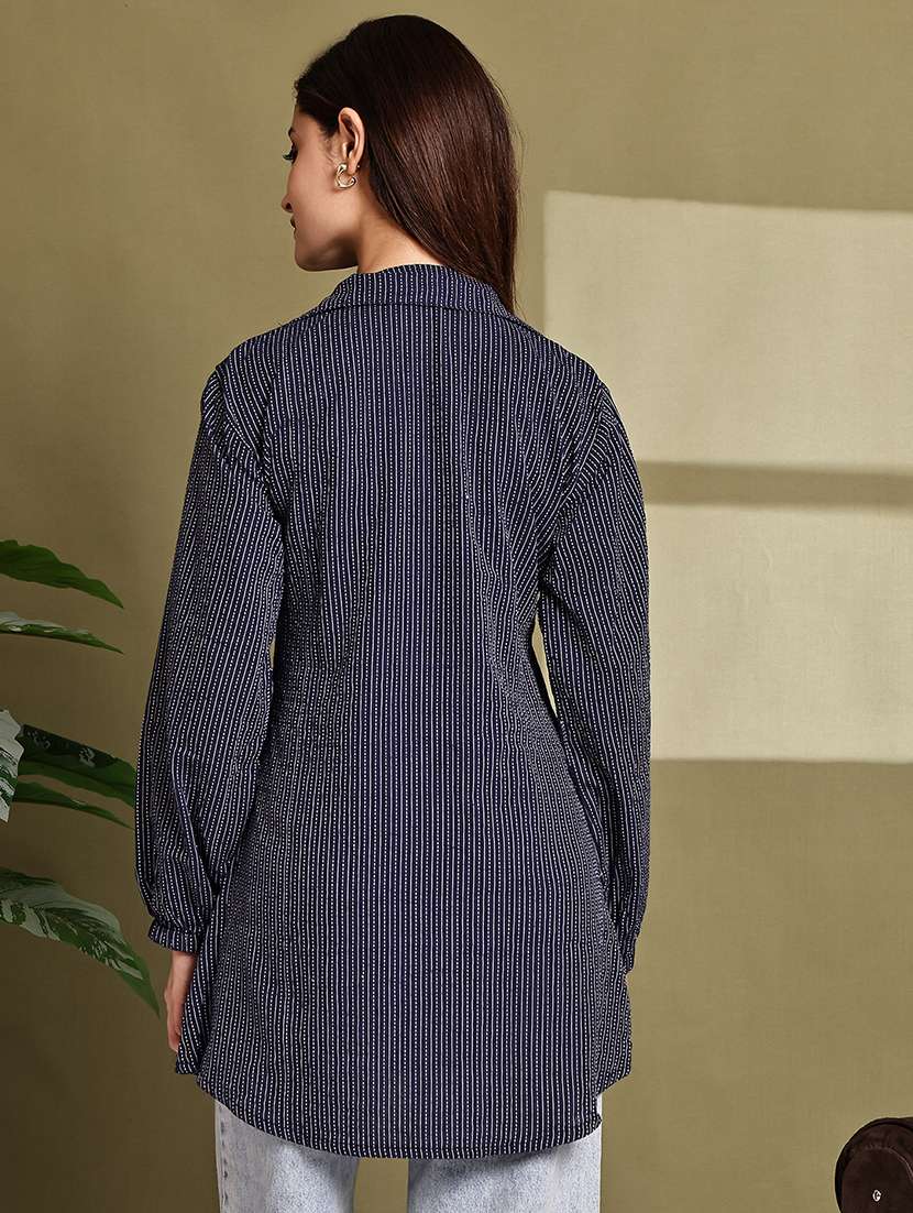 women printed lapel neck puff sleeve long shirt - 22072062 - Standard Image - 4
