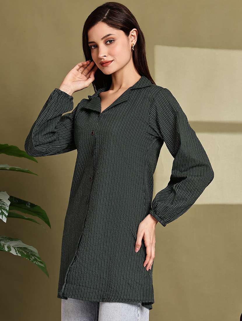 women printed lapel neck puff sleeve long shirt - 22072063 - Standard Image - 1
