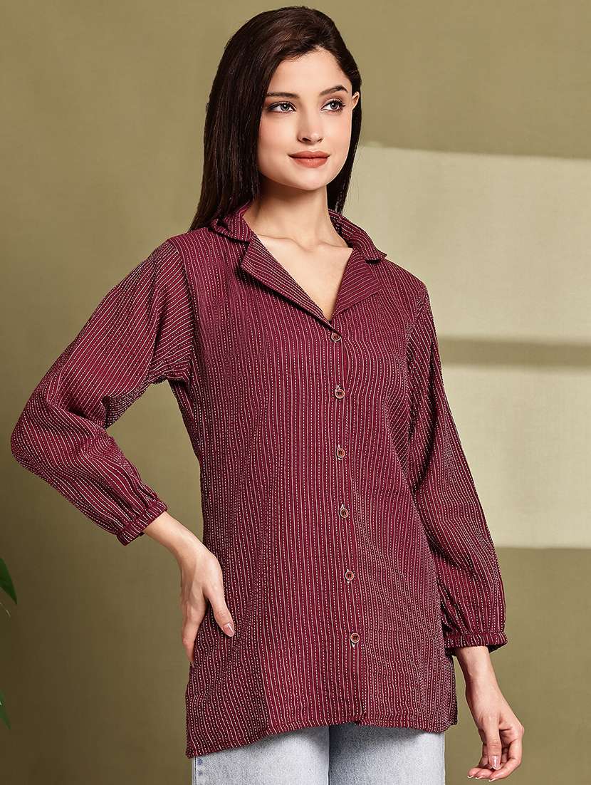 women striped lapel neck long sleeve long shirt