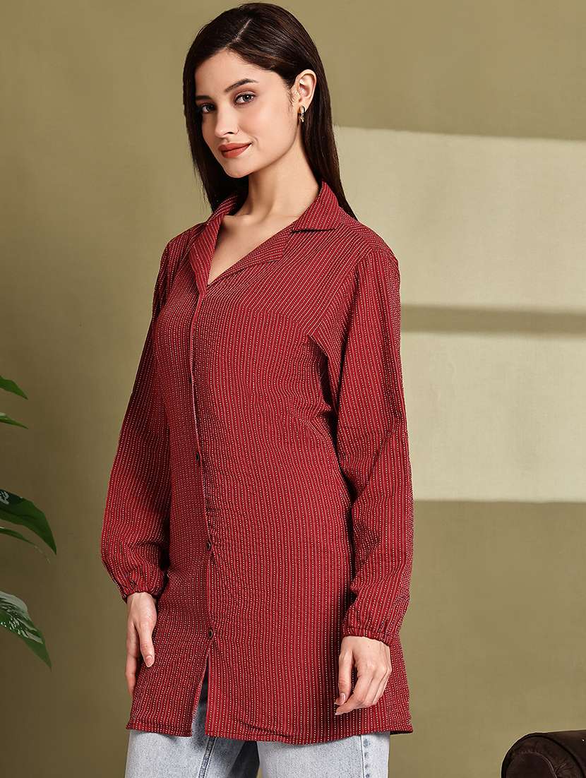 women striped lapel neck long sleeve long shirt - 22072065 - Standard Image - 1