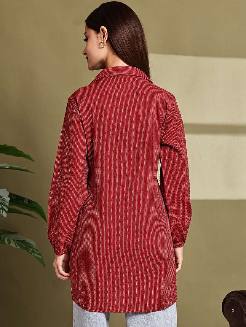 women striped lapel neck long sleeve long shirt - 22072065 - Standard Image - 4