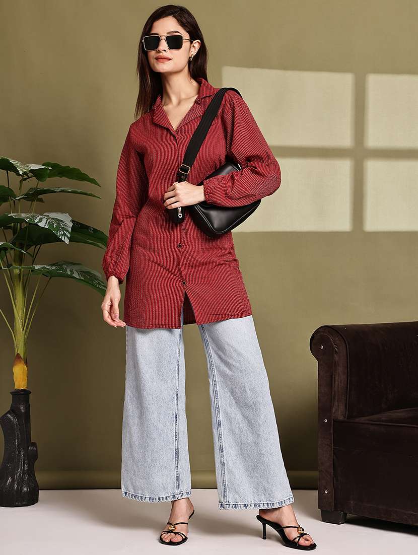 women striped lapel neck long sleeve long shirt - 22072065 - Standard Image - 6
