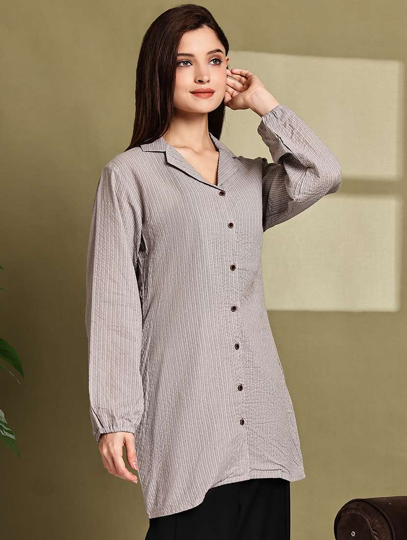 women striped lapel neck long sleeve long shirt - 22072067 - Standard Image - 1
