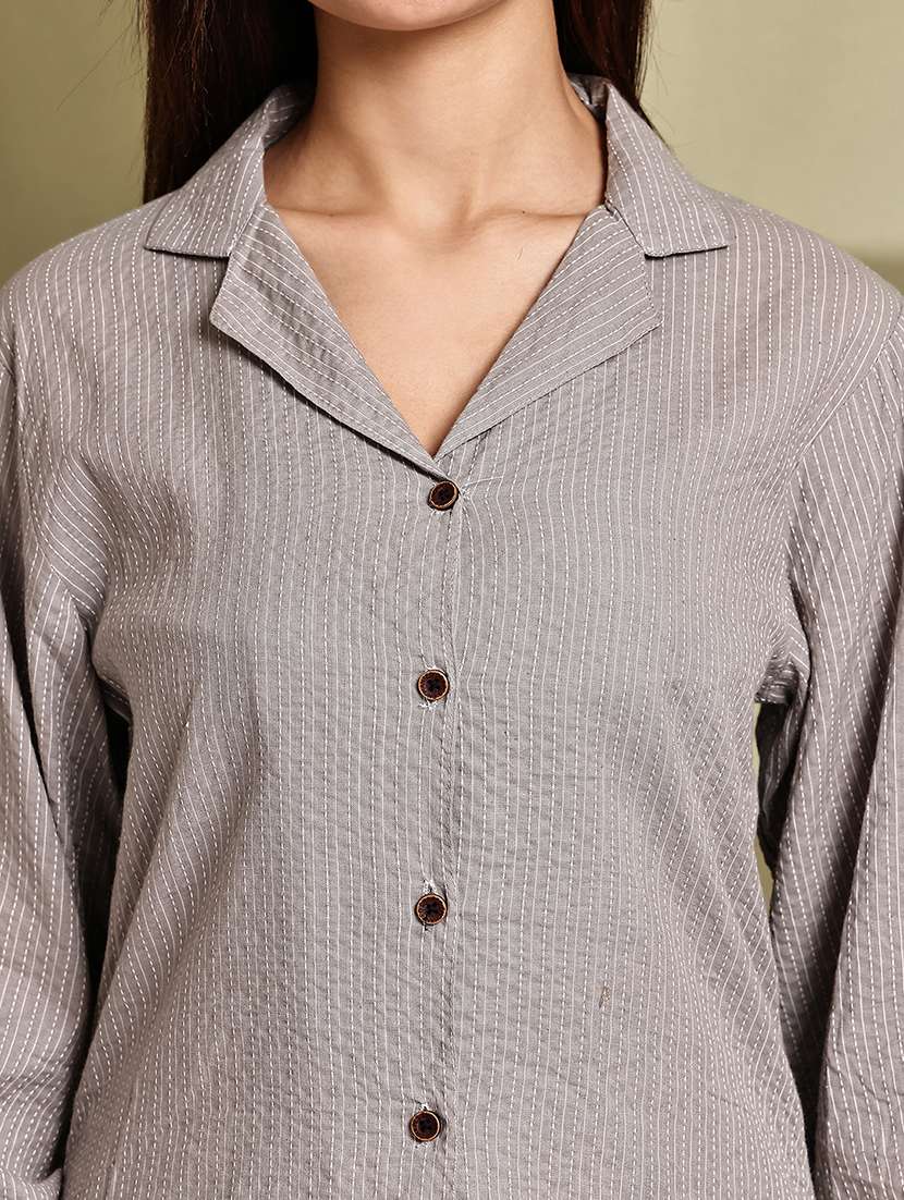 women striped lapel neck long sleeve long shirt - 22072067 - Standard Image - 6