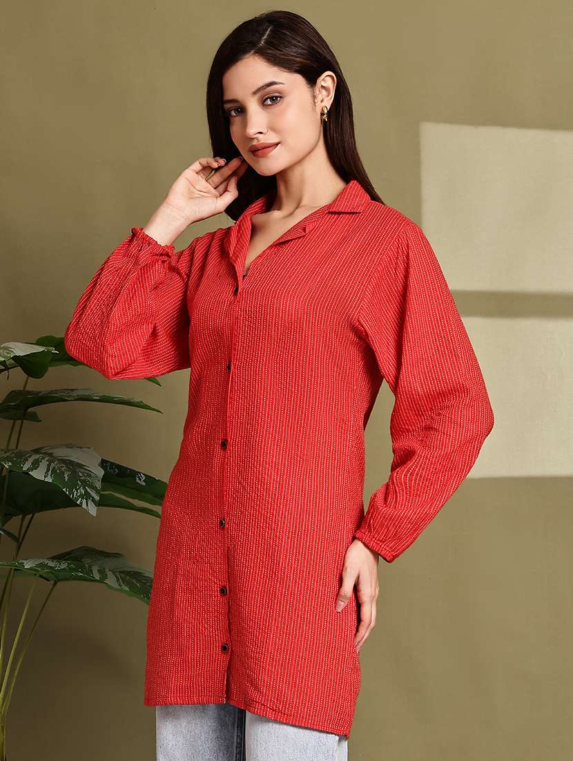 women striped lapel neck long sleeve long shirt - 22072068 - Standard Image - 1