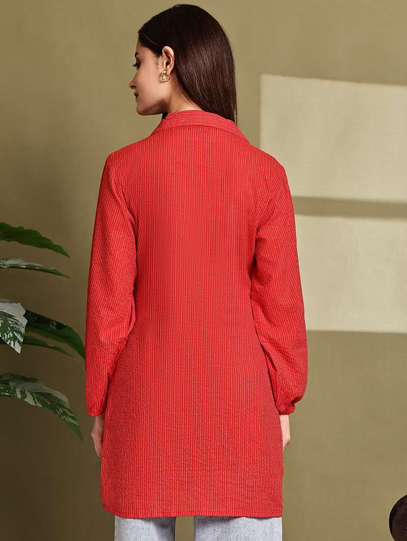 women striped lapel neck long sleeve long shirt - 22072068 - Standard Image - 4