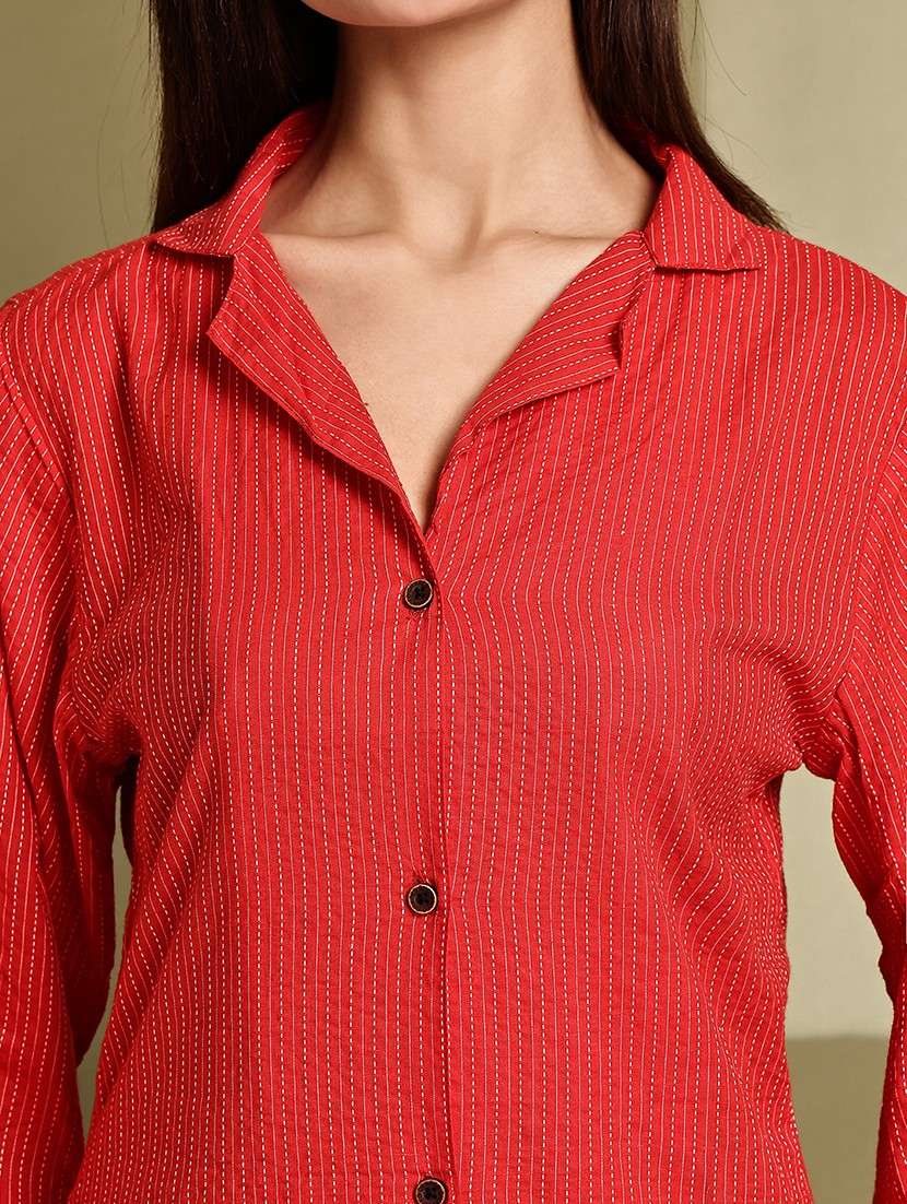 women striped lapel neck long sleeve long shirt - 22072068 - Standard Image - 6