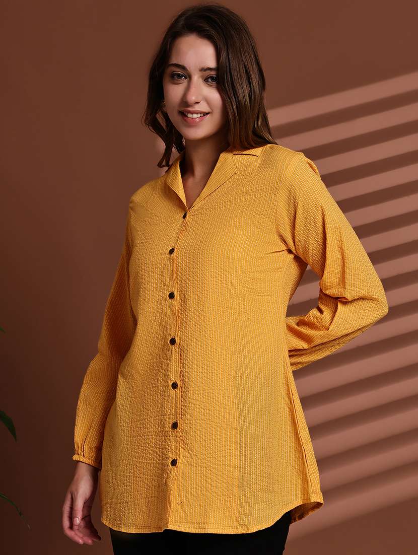 women striped lapel neck long sleeve long shirt - 22072069 -  Standard Image - 1