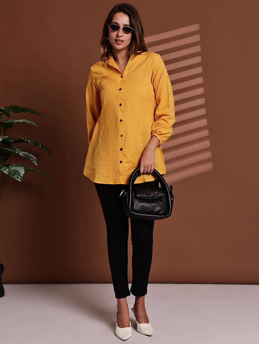 women striped lapel neck long sleeve long shirt - 22072069 - Standard Image - 6