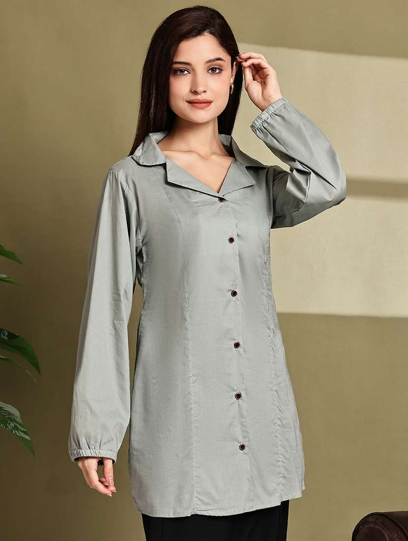 women solid lapel neck long sleeve long shirt - 22072070 - Standard Image - 1