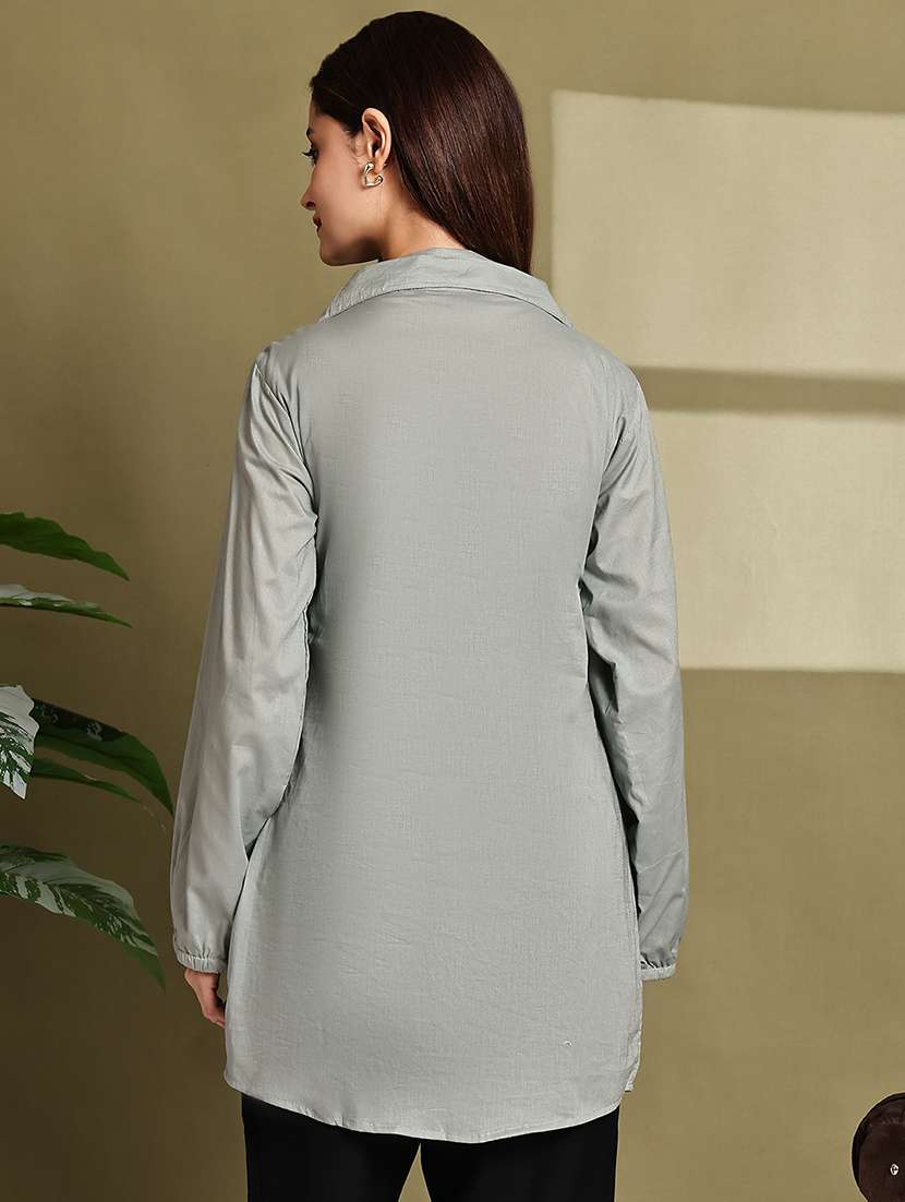 women solid lapel neck long sleeve long shirt - 22072070 - Standard Image - 4