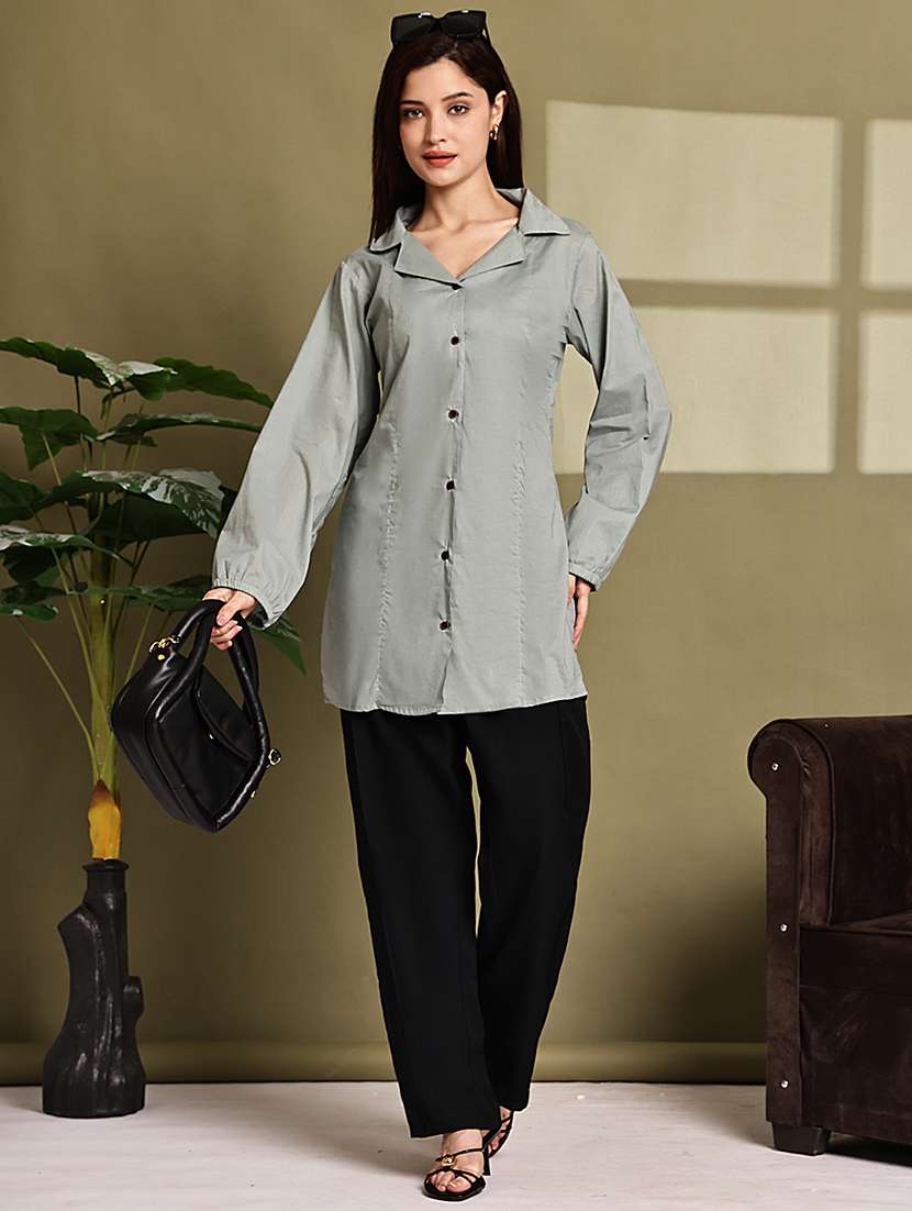 women solid lapel neck long sleeve long shirt - 22072070 - Standard Image - 6
