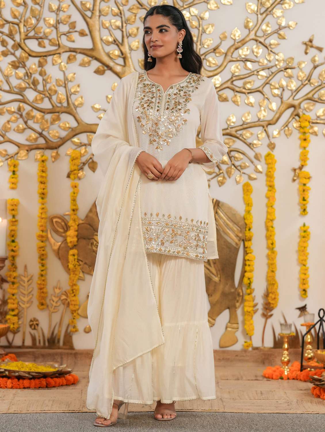 women solid with work three quarter sleeve kurta sharara with dupatta set