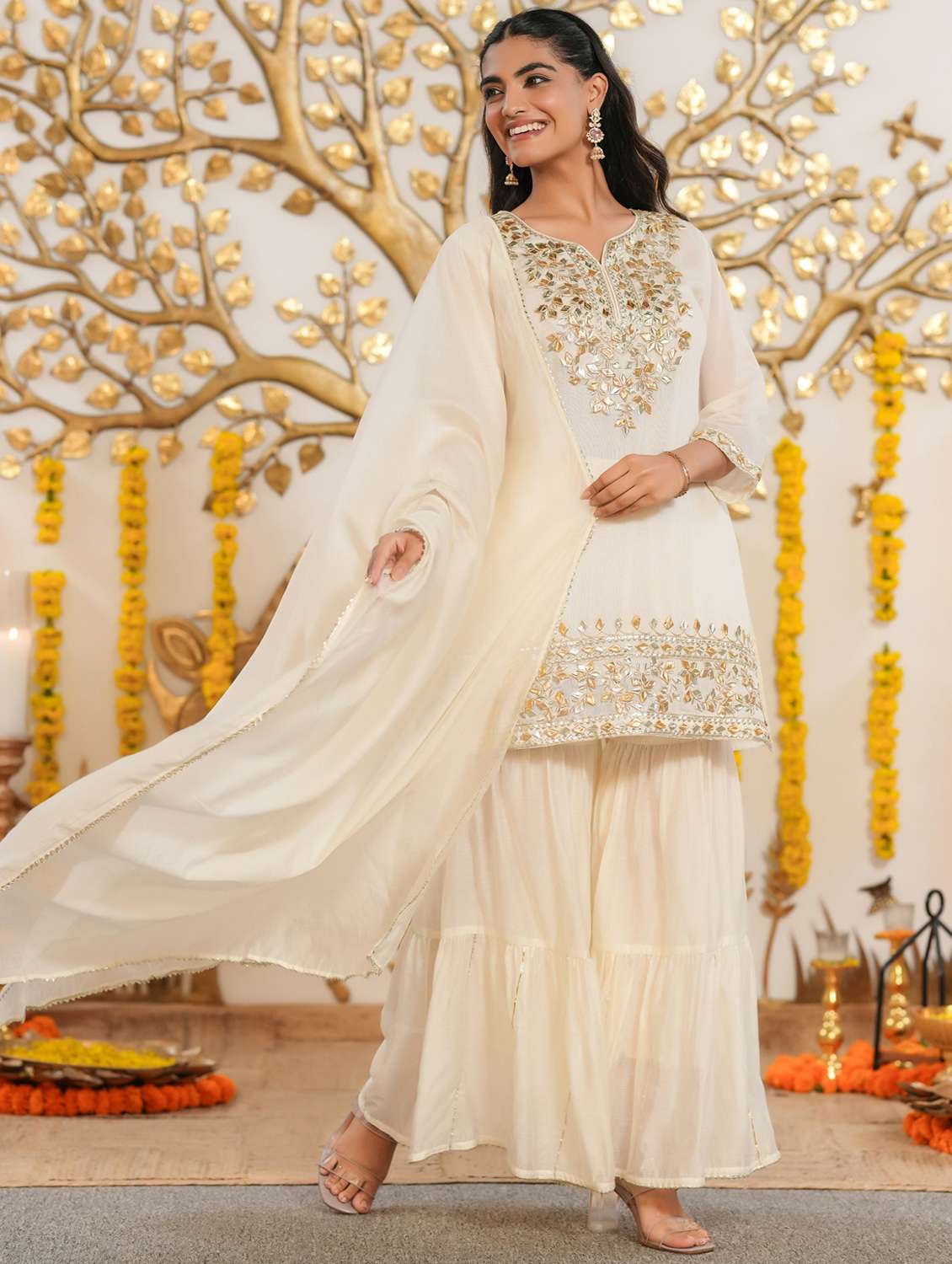 women solid with work three quarter sleeve kurta sharara with dupatta set - 22072071 -  Standard Image - 1