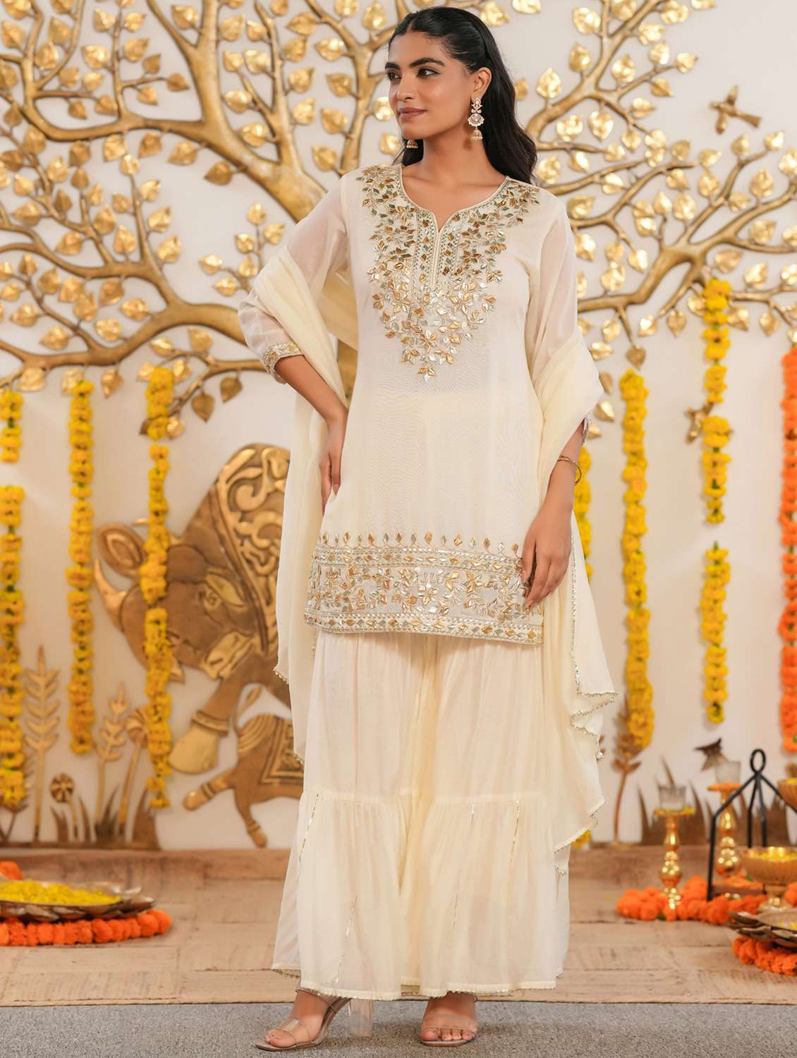 women solid with work three quarter sleeve kurta sharara with dupatta set - 22072071 -  Standard Image - 4