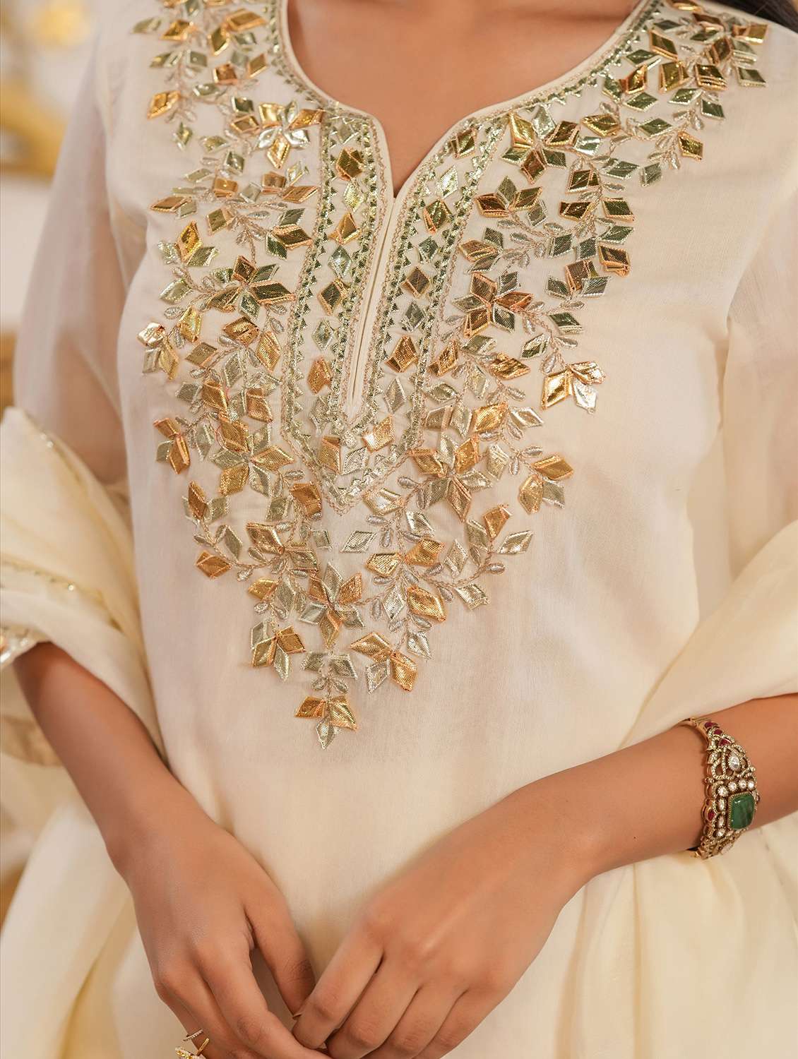 women solid with work three quarter sleeve kurta sharara with dupatta set - 22072071 -  Standard Image - 6